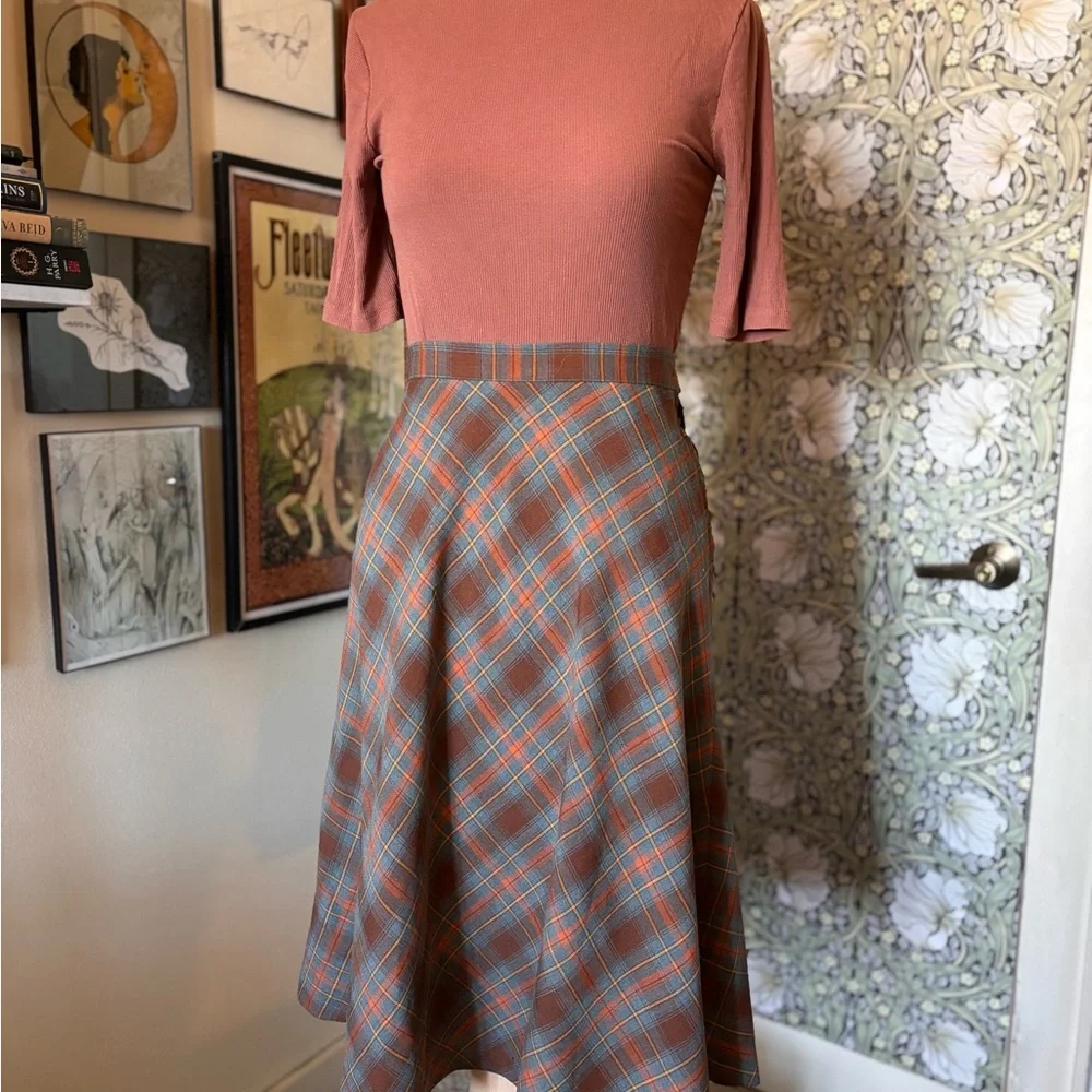 Plaid A-Line Skirt in Brown and Blue - Picture 2 of 3